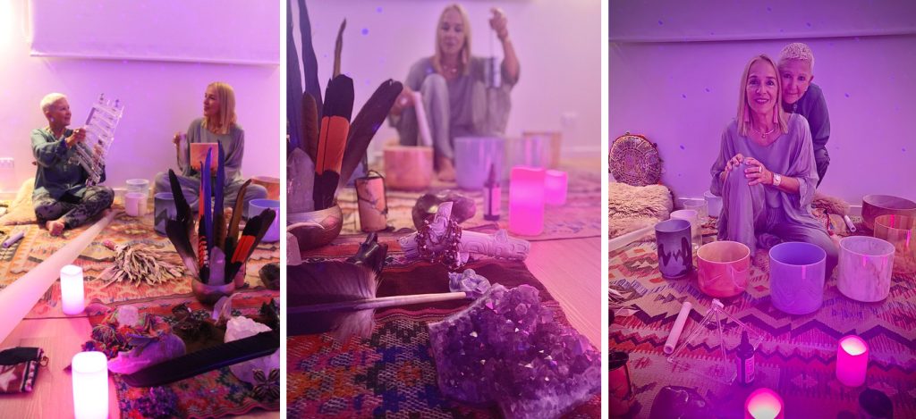 Photos of Karen and Kerry with Sound Healing instruments